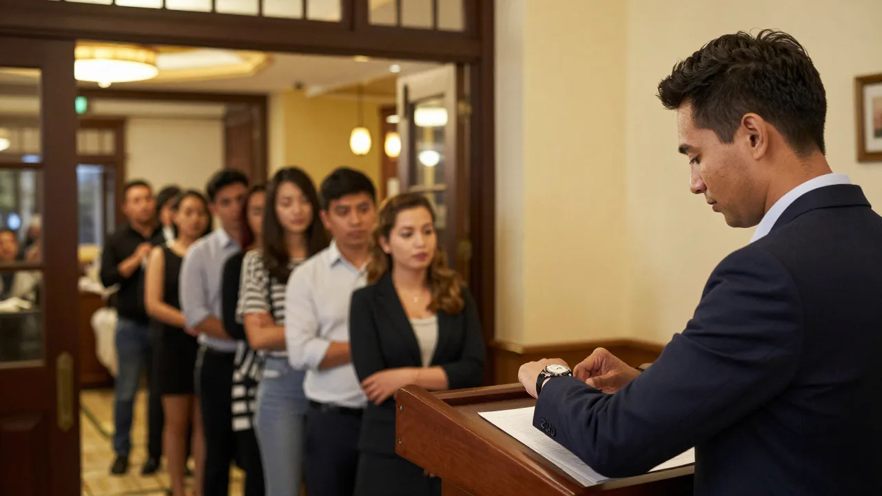 A restaurant host at a podium glancing at a wristwatch while a line of guests waits near the entrance in warm lobby light