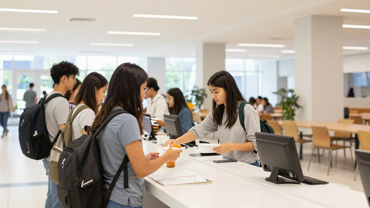 Students collecting orders at a pickup counter in a bright modern university dining hall at lunchtime with natural light