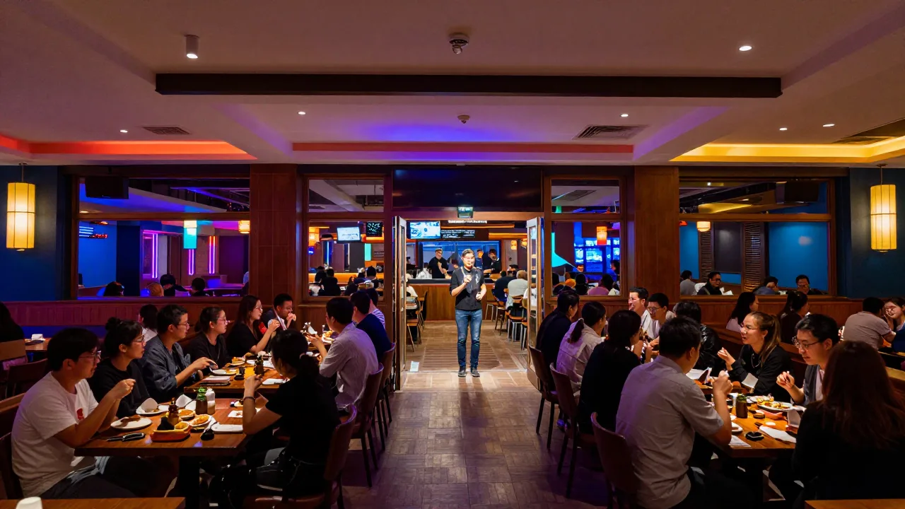 Wide interior view of a large entertainment venue dining area with a busy crowd and a host stand at the entrance under colorful ambient lighting