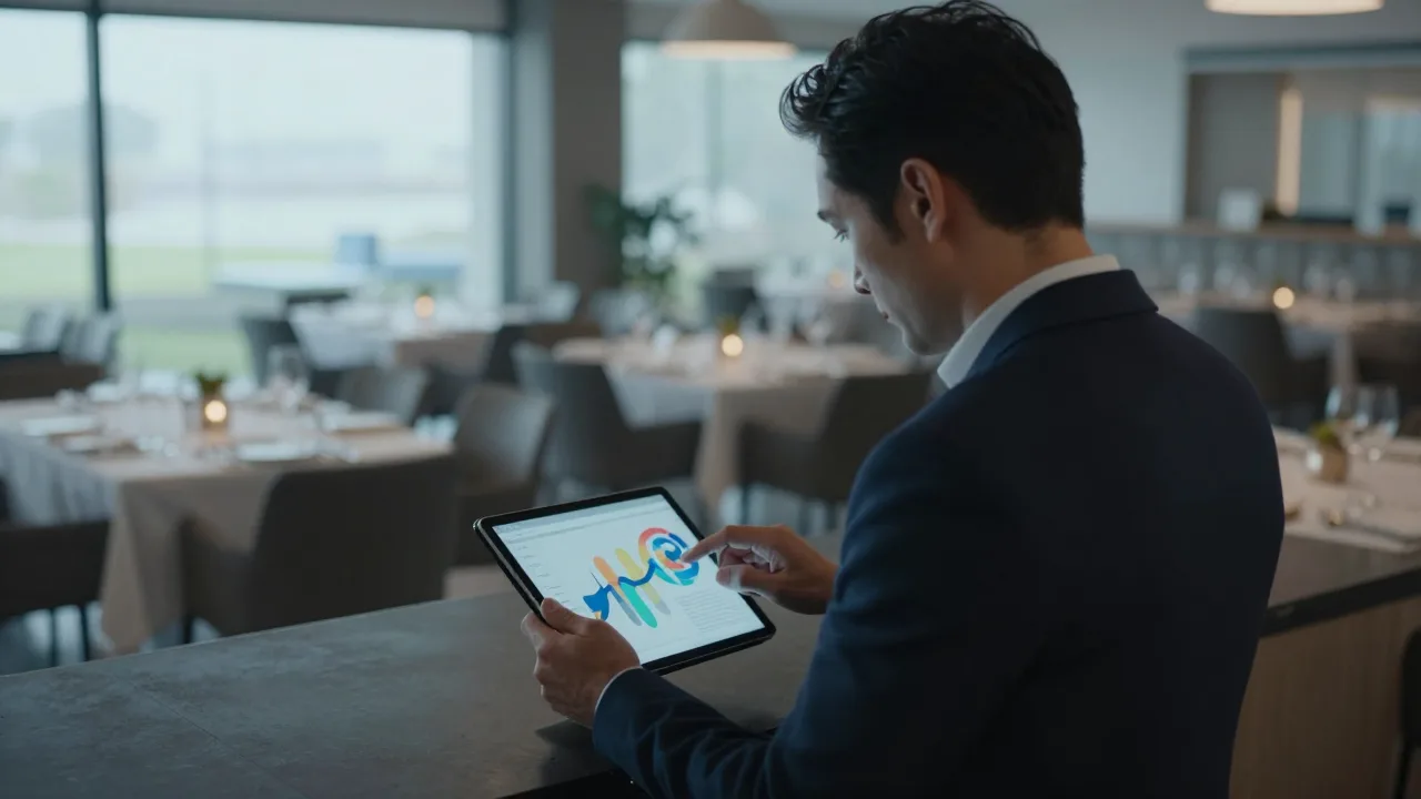 A restaurant manager reviewing an abstract chart on a tablet at a host stand before opening, empty dining room behind in cool morning light