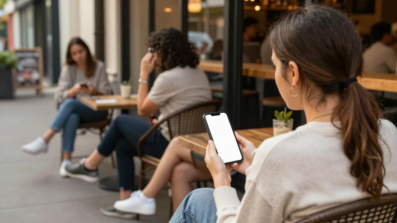 Guests waiting on the sidewalk outside a busy restaurant in late-afternoon light, one checking a phone while the group talks